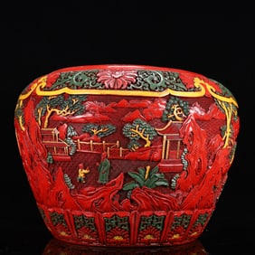 A Huge Carved Red Lacquer Landscape and Figure Pattern Jar