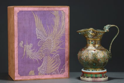 An Exquisite Bronze Inlaid Gold and Silver Flower Pattern Ewer,Inlaid Gems,With Inscription