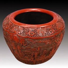A Huge Carved Red Lacquer Landscape and Figure Pattern Jar