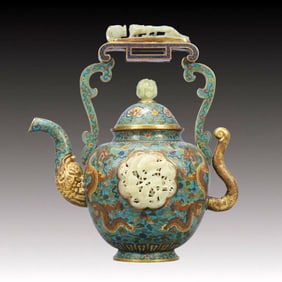 A Rare Cloisonne Inlaid White Jade Auspicious Cloud and Dragon Pattern Ewer