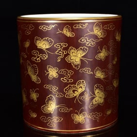 An Exquisite Imitation Wood Grain Glazed Painted Gold Auspicious Cloud and Butterfly Pattern Brush