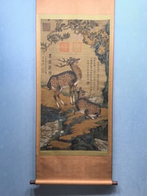 A Chinese Vertical Scroll Ink Painting of Sika Deer on Silk,Han Huang