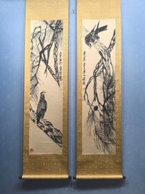 A Pair of Chinese Vertical Scroll Ink Painting of Eagle on Paper,Qi Baishi