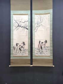 A Pair of Chinese Vertical Scroll Ink Painting of Horse on Paper,Xu Beihong