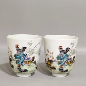 A Pair of Exquisite Famille-Rose Flower and Rooster Pattern Cups