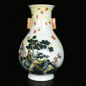 An Exquisite Enamel Painted Gold Landscape,Auspicious Cloud and Bats Pattern Double-Ears Vase,With