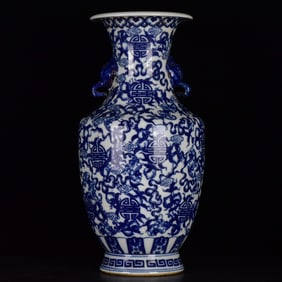 A Huge Blue and White Auspicious Cloud,Bats and Peach Pattern Elephant-Ears Vase