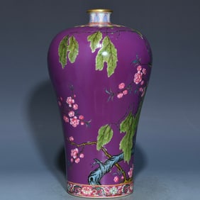 An Exquisite Purple Glazed Famille-Rose Painted Gold Flower and Bird Pattern Vase,With Poem