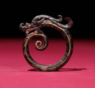 An Exquisite White Jade Lacquerware Painted Color Dragon Pendant