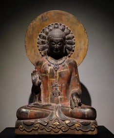 A Rare Limestone Painted Color Statue of Sakyamuni