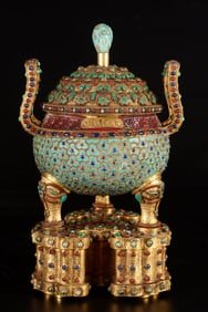 An Exquisite Gilt Bronze Double-Ears and Tripod Censer, Inlaid Turquoise