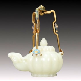 An Exquisite White Jade Inlaid Gilt Bronze-Handle Sheep Pattern Ewer
