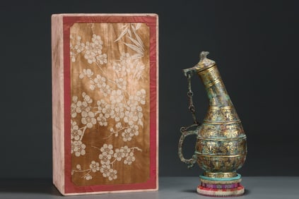 A Rare Bronze Inlaid Gold Auspicious Beast Pattern Ewer,With Inscription