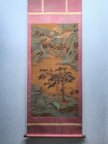 A Chinese Vertical Scroll Ink Painting of Landscape and Figure on Silk,Wang Wei