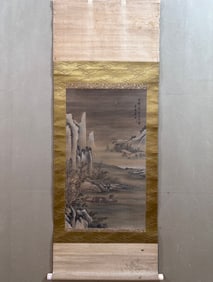 A Chinese Vertical Scroll Ink Painting of Landscape and Figure on Paper,Tang Yin