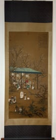 A Chinese Vertical Scroll Ink Painting of Character and Story on Silk,Tang Yin