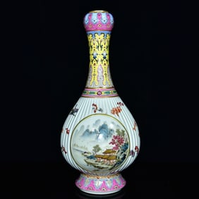A Rare Famille-Rose Painted Gold Landscape and Butterfly Pattern Vase