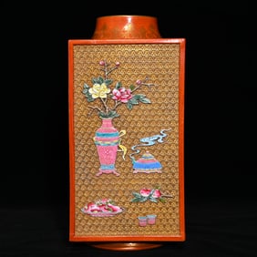 A Rare Coral Red Glazed Gilt Flower Pattern Cong-Shaped Vase