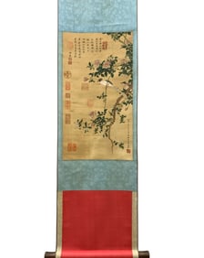 A Chinese Vertical Scroll Ink Painting of Flower and Bird on Silk,Lv Ji