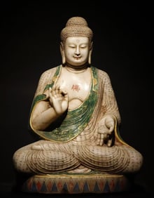 A Rare Marble Painted Color Statue of Sakyamuni,With Scriptures