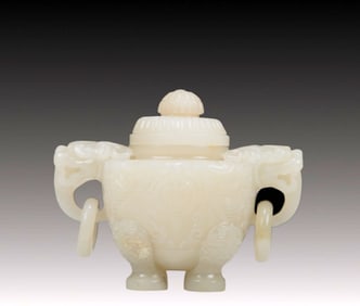 An Exquisite White Jade 'Scrolling Lotus' Beast-Handled Tripod Censer And Cover