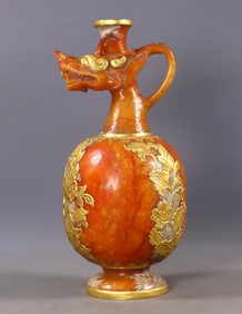 An Exquisite Yellow Jade Cover with Gold Dragon-Head Ewer