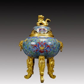 A Rare Cloisonne Flower Pattern Double-Ears and Tripod Censer