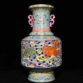 A Huge Famille-Rose Painted Gold Hollow Lotus,Auspicious Cloud and Lion Pattern Dragon-Ears Vase