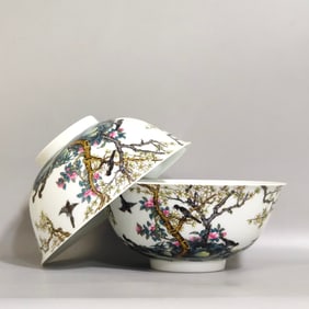 A Pair of Exquisite Famille-Rose Flower and Bird Pattern Bowls,With Poem