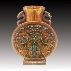 An Exquisite Gilt Bronze Inlaid Turquoise Dragon Pattern Double-Ears Vase