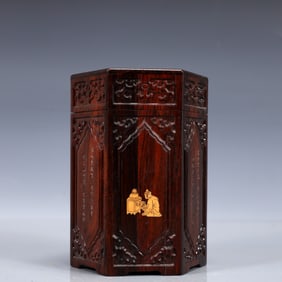 An Exquisite Zitanwood Inlaid Inlaid White Jade Figure Pattern Tea Caddy