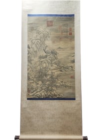 A Chinese Vertical Scroll Ink Painting of Landscape on Silk,Shen Zhou