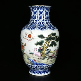 An Exquisite Blue and White Enamel Painted Gold Flower and Sheep Pattern Vase