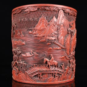 An Exquisite Carved Red Lacquer Landscape Pattern Brush Pot