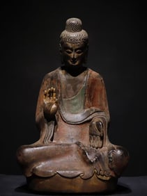 A Rare Limestone Painted Color Statue of Sakyamuni