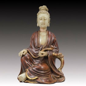 A Rare Eaglewood Inlaid White Jade Statue of Avalokitesvara