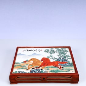 A Rare Huanghuali wood Inlaid Porcelain Plaques Horse Pattern End Table