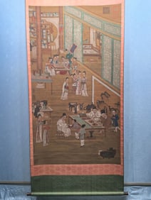 A Chinese Vertical Scroll Ink Painting of Character and Story on Silk,Gu Hongzhong