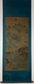 A Chinese Vertical Scroll Ink Painting of Landscape and Figure on Silk,Wang Ximeng