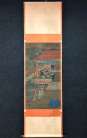 A Chinese Vertical Scroll Ink Painting of Character and Story on Silk,Zhou Wenju