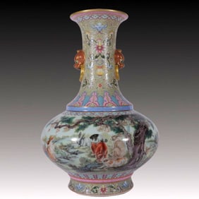 A Rare Famille-Rose Rabbit Pattern Lion-Ears Vase