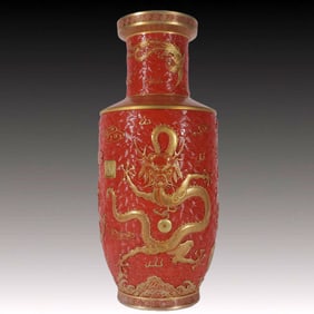 A Huge Iron-Red Painted Gold Dragon and Phoenix Pattern Vase
