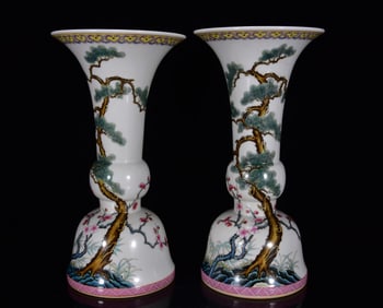 A Pair of Rare Famille-Rose Pine, Bamboo and Plum Blossom Pattern Vases