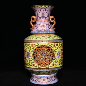 A Rare Enamel Painted Gold Hollow Lotus and Chi-Dragon Pattern Dragon-Ears Vase