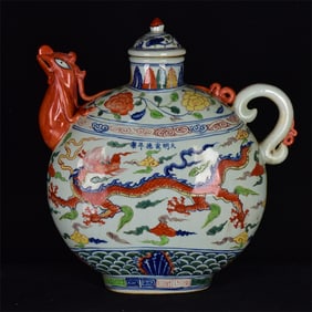 A Huge Doucai Auspicious Cloud and Dragon Pattern Phoenix-head Ewer