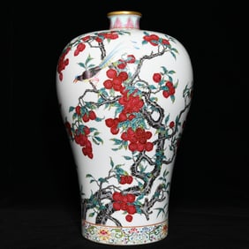 A Rare Famille-Rose Painted Gold Litchi and Bird Pattern Vase,With Poem