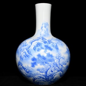 A Huge Blue Color Painted Gold Landscape and Figure Pattern Vase,With Poem