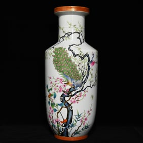 A Huge Famille-Rose Painted Gold Flower and Bird Pattern Vase,With Poem