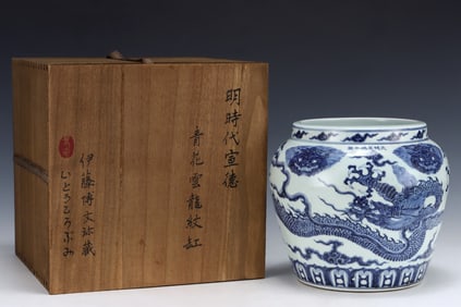 An Exquisite Blue and White Beast-Face,Auspicious Cloud and Dragon Pattern Vat,with an Imperial Poem