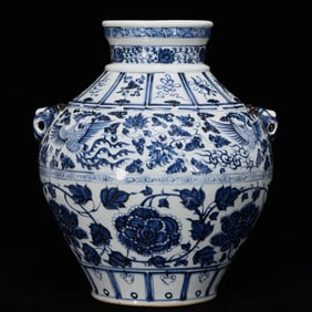 A Rare Blue and White Flower and Phoenix Pattern Beast-Ears Jar